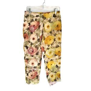Kristina Ti Chic Silk Pants Italian Floral Beaded Lined Yellow Pink Beige Small